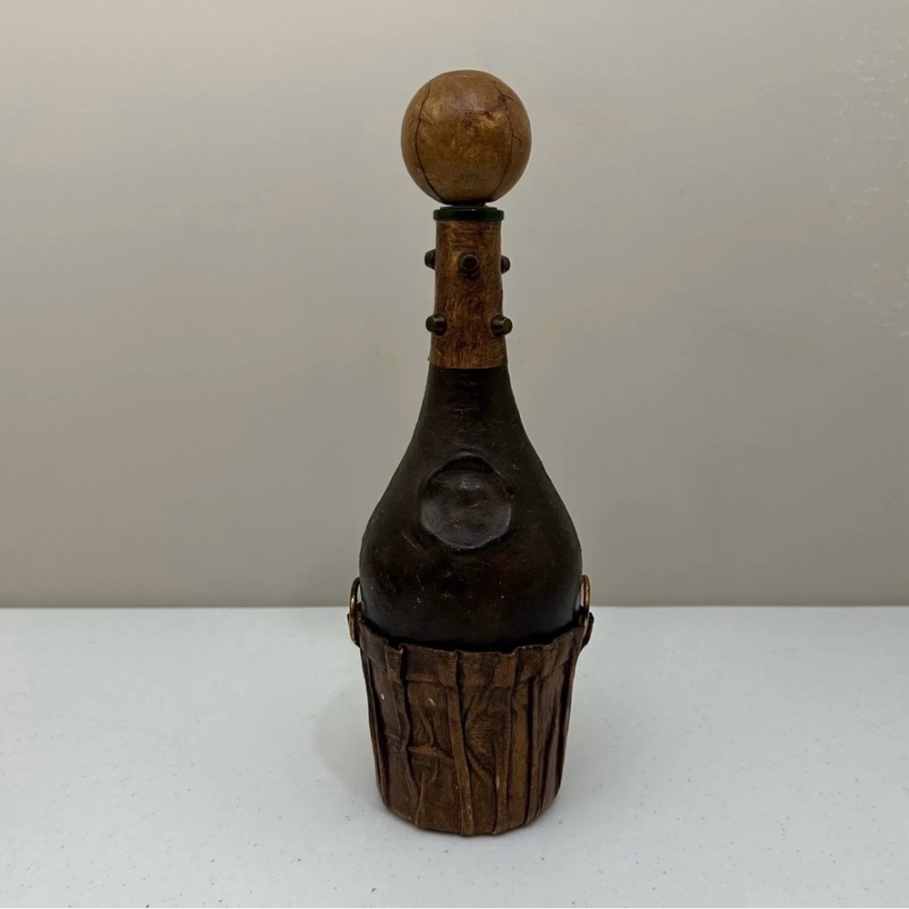 Vintage Brass Studded Italian Leather Covered Round Glass Liquor Decanter